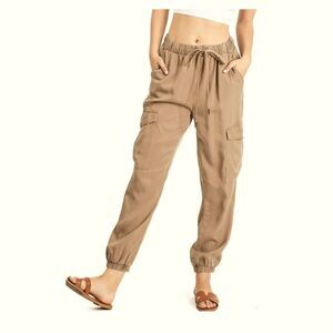 C'est Toi Cargo Jogger Pants Lightweight Tencel Tan Brown Oversized Loungewear S